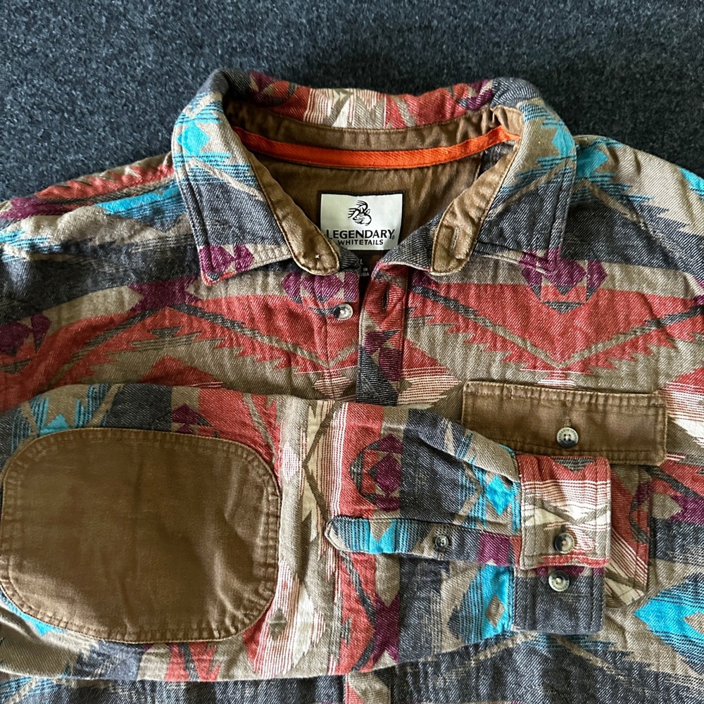 Legendary Whitetails Mens XL Southwestern Flannel Shirt Elbow Patches Brown Red